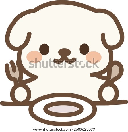 Cute white puppy sitting at a table with a fork and spoon, getting ready to eat