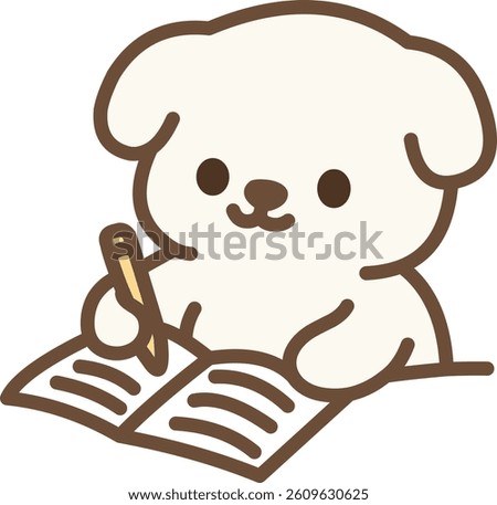 Cute white puppy writing in a notebook with a pencil