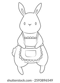 Cute white rabbit. Rabbit in an apron. Cartoon character. Outline. Coloring page. Hand drawing. Easter illustration.