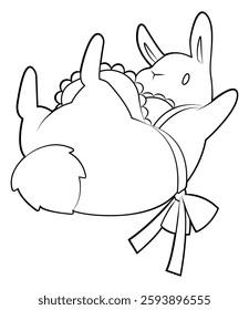 Cute white rabbit. Rabbit in an apron. Cartoon character. Outline. Coloring page. Hand drawing. Easter illustration.