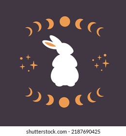 Cute white rabbit with astrological, esoteric elements. Moon phases, stars, magic. Year of the Rabbit. Hand drawn vector illustration