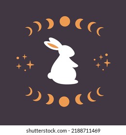 Cute white rabbit with astrological, esoteric elements. Moon phases, stars, magic. Year of the Rabbit. Hand drawn vector illustration