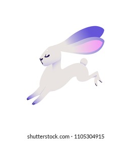 Cute white rabbit with blue pink ears. Funny hand drawn animal running cheerfully. Hare with long ears. Sweet easter symbol. Vector illustration isolated in cartoon style.