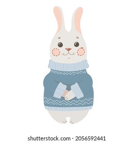 Cute white rabbit in a blue sweater. Animal in cartoon style in pastel colors. Winter vector illustration isolated on white background.