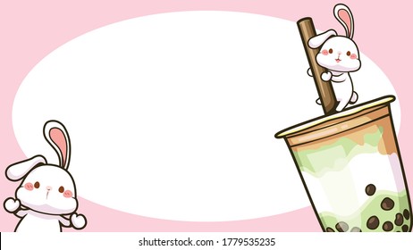 Cute white rabbit and bubble milk tea. white, pink background. Animal and drink cartoon character. greeting card and presentation template. Can place text on an empty space. Vector illustration.