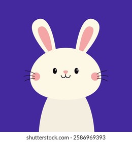 Cute white rabbit bunny hare silhouette icon. Smiling face head. Pink cheeks. Kawaii cartoon funny baby character. Happy Easter. Valentines Day. Greeting card. Blue background. Flat design. Vector