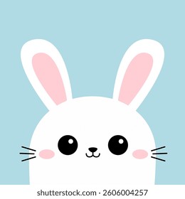 Cute white rabbit bunny hare face head silhouette. Pink cheeks, ears. Kawaii cartoon funny baby character. Happy Easter. Valentines Day. Greeting card. Blue background. Flat design. Vector