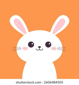 Cute white rabbit bunny hare silhouette icon. Happy Easter. Smiling face head. Pink cheeks. Kawaii cartoon funny baby character. Valentines Day. Greeting card. Orange background. Flat design. Vector