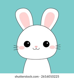 Cute white rabbit bunny hare face head contour silhouette. Pink cheeks, ears. Kawaii cartoon funny baby character. Happy Easter. Valentines Day. Greeting card. Blue background. Flat design. Vector