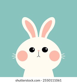 Icono lindo de la silueta del conejo blanco. Cabeza de cara sonriente divertida. Grandes mejillas rosadas. Caricatura Kawaii bebé personaje. Feliz Pascua. Día de San Valentín. Tarjeta de felicitación. Fondo azul. Diseño plano. Vector