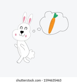 cute white rabbit with carrot in speech bubbles vector cartoon. design for kid.
