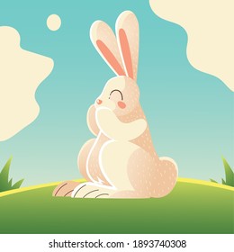 cute white rabbit cartoon animal in the grass vector illustration