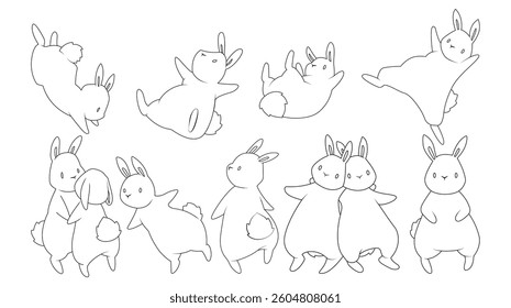 Cute white rabbit. Cartoon character Couple in love. Love and friendship. Outline. Coloring page. Hand drawing. Easter illustration. Valentine's Day.	
