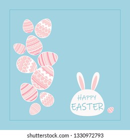 Cute white rabbit cartoon with decorative eggs to happy Easter holiday celebration on blue background.