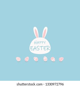 Cute white rabbit cartoon with decorative eggs to happy Easter holiday celebration on blue background.