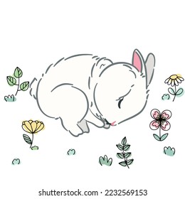 Cute white rabbit cartoon in the flower field. Rabbit character. Cute doodle bunny with illustration. Hand drawn. Perfect for Easter, Mid-Autumn Festival and more.