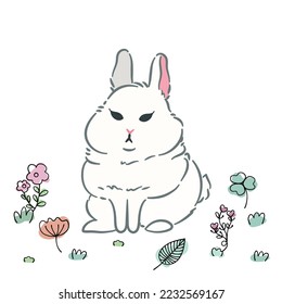 Cute white rabbit cartoon in the flower field. Rabbit character. Cute doodle bunny with illustration. Hand drawn. Perfect for Easter, Mid-Autumn Festival and more.