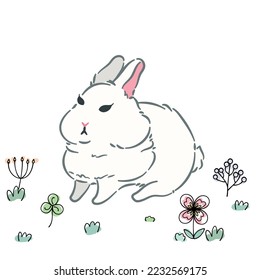 Cute white rabbit cartoon in the flower field. Rabbit character. Cute doodle bunny with illustration. Hand drawn. Perfect for Easter, Mid-Autumn Festival and more.
