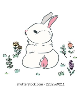 Cute white rabbit cartoon in the flower field. Rabbit character. Cute doodle bunny with illustration. Hand drawn. Perfect for Easter, Mid-Autumn Festival and more.