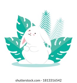 Cute white rabbit cartoon with leaves design, Animal life nature and character theme Vector illustration