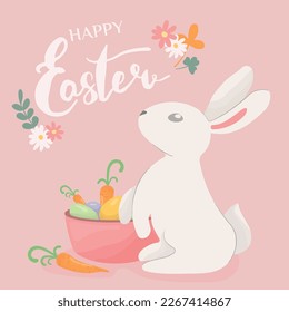 Cute white rabbit character admiring the Easter eggs. Colorful flat illustration. Cartoon character rabbit easter concept for print, t-shirt, design, sticker and decorating