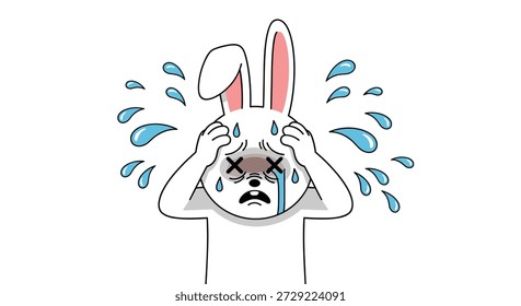 Carácter lindo del conejo blanco que expresa la angustia extrema y la tristeza con las lágrimas azules Grandes y una expresión facial dolorida.