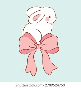 Cute white rabbit character with pink bow on isolated background. Hand drawn Easter bunny illustration. Perfect for logo, sticker or nursery print design. EPS10 vector file.