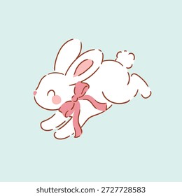 Personagem de coelho branco bonito com arco rosa em fundo isolado. ilustração de coelho de Páscoa desenhada à mão. Perfeito para logotipo, adesivo ou design de impressão de berçário. Arquivo de vetor EPS10.