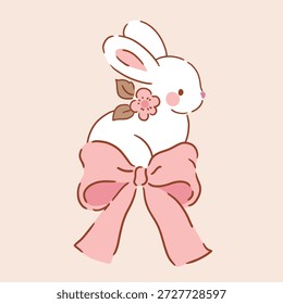 Carácter blanco lindo del conejo con el arco rosado en fondo aislado. Dibujado a mano Conejo de Pascua ilustración. Perfecto para el diseño de impresión de logotipo, pegatina o vivero. Archivo de Vector EPS10.