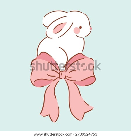 Cute white rabbit character with pink bow on isolated background. Hand drawn Easter bunny illustration. Perfect for logo, sticker or nursery print design. EPS10 vector file.