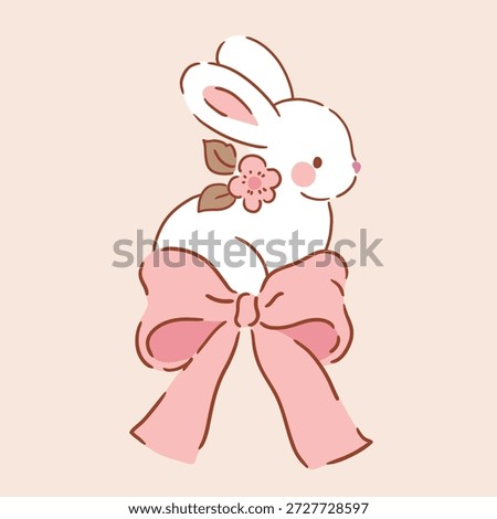 Cute white rabbit character with pink bow on isolated background. Hand drawn Easter bunny illustration. Perfect for logo, sticker or nursery print design. EPS10 vector file.