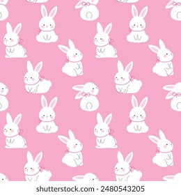 Cute White Rabbit character seamless pattern vector. Adorable animal with white rabbit, bunny and ribbon on pink background. Lovely illustration design for fabric, decoration.