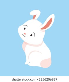 Cute white rabbit. Character sits and looks. Poster or banner for website. Toy or mascot for children. Easter and spring holidays symbol, culture and traditions. Cartoon flat vector illustration