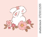 Cute white rabbit character with tiny flowers on isolated background. Hand drawn Easter bunny illustration. Perfect for logo, sticker or nursery print design. EPS10 vector file.