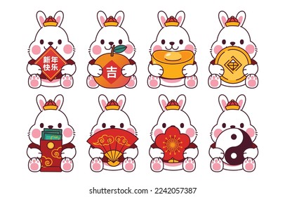 Cute White Rabbit Charactor Hold Chinese Decoration, Vector, Illustration, Translate : Happy New Year, Lucky