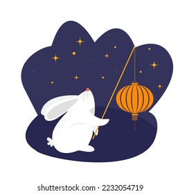 Cute white rabbit with chinese lantern isolated on white background. Flat vector illustration