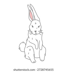 Conejo blanco lindo en un estilo de arte de línea limpia. Personaje animal dibujado a mano elegante aislado en un fondo blanco, perfecto para el arte de la pared del vivero, impresiones de la ropa de los niños, tarjetas de felicitación de Pascua