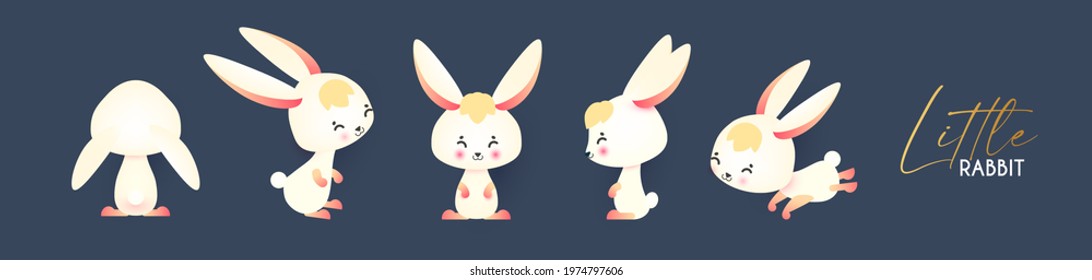 Cute white rabbit collection, sitting, jumping, smiling. Cartoon character set. Happy Mid Autumn Festival design.
