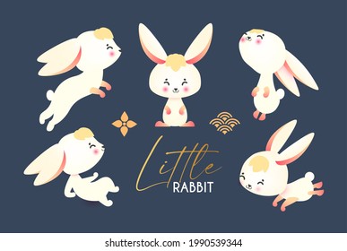 Cute white rabbit collection, sitting, jumping, smiling. Cartoon character set. Happy Mid Autumn Festival design. 