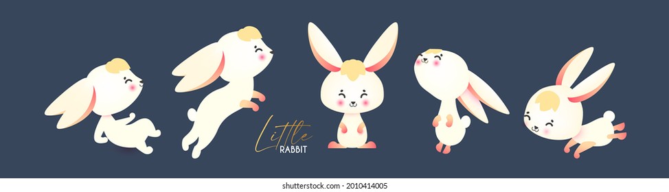Cute white rabbit collection, sitting, jumping, smiling. Cartoon character set. Happy Mid Autumn Festival design.