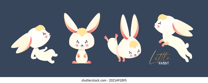 Colección de conejo blanco, sentado, saltando, sonriendo. Juego de caracteres de dibujos animados. Feliz diseño del Festival de Mediano Otoño.
