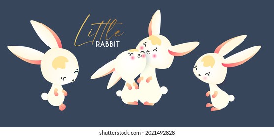Cute white rabbit collection, sitting, jumping, smiling. Cartoon character set. Happy Mid Autumn Festival design.