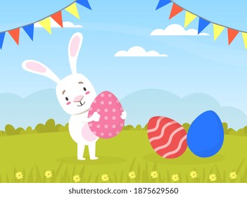 Cute White Rabbit with Colorful Easter Eggs on Standing on Green Lawn Cartoon Vector Illustration