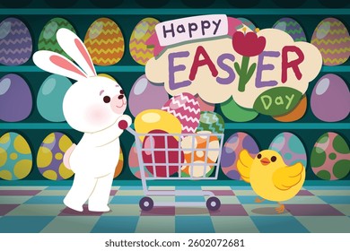 Cute white rabbit with colorful Easter eggs With Shopping Kart in Supermarket, illustration for Easter celebrations, Vector, Illustration