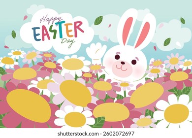 Cute white rabbit with colorful Easter eggs in a vibrant flower field illustration for Easter celebrations, Vector, Illustration