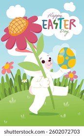 Cute white rabbit with colorful Easter eggs in a vibrant flower field illustration for Easter celebrations, Vector, Illustration