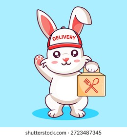 Lindo Conejo Blanco Mensajero Entrega Caja de Alimentos Mascota Ilustración vectorial Diseño de Dibujos Animados Kawaii