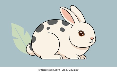 Cute white rabbit with dark grey spots and a green leaf tail sitting calmly against a plain pale blue background.