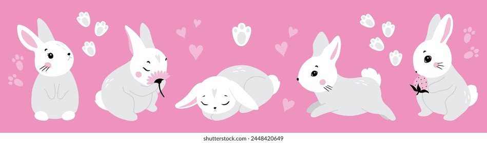 Cute white rabbit in different pose. Rabbit animal icon isolated on background. For Moon Festival, Chinese Lunar Year of the Rabbit, Easter decor. White Easter bunny, hare. Wild animals, baby animals