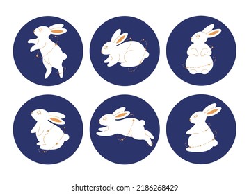 Cute white rabbit in different poses. Year of the Rabbit. Mid autumn festival. New year 2023. Hand drawn vector illustration